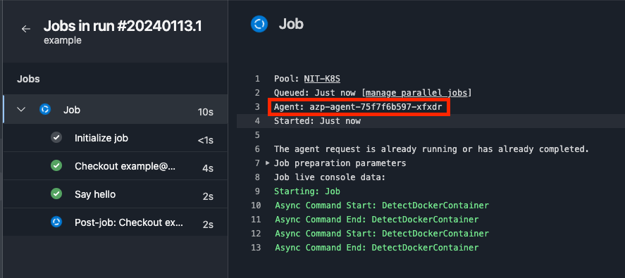 Azure DevOps pipeline job log showing successful execution on a Kubernetes-hosted agent