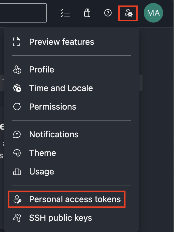Azure DevOps user settings menu showing the Personal access tokens option