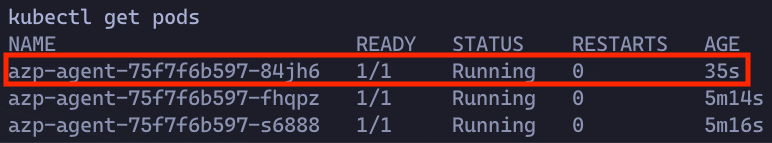 Kubernetes terminal output showing the original agent pod terminated and a new replacement pod created