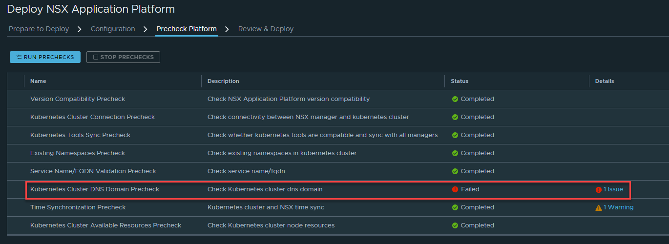 NSX Application Platform installation wizard showing the DNS Domain Precheck step failed