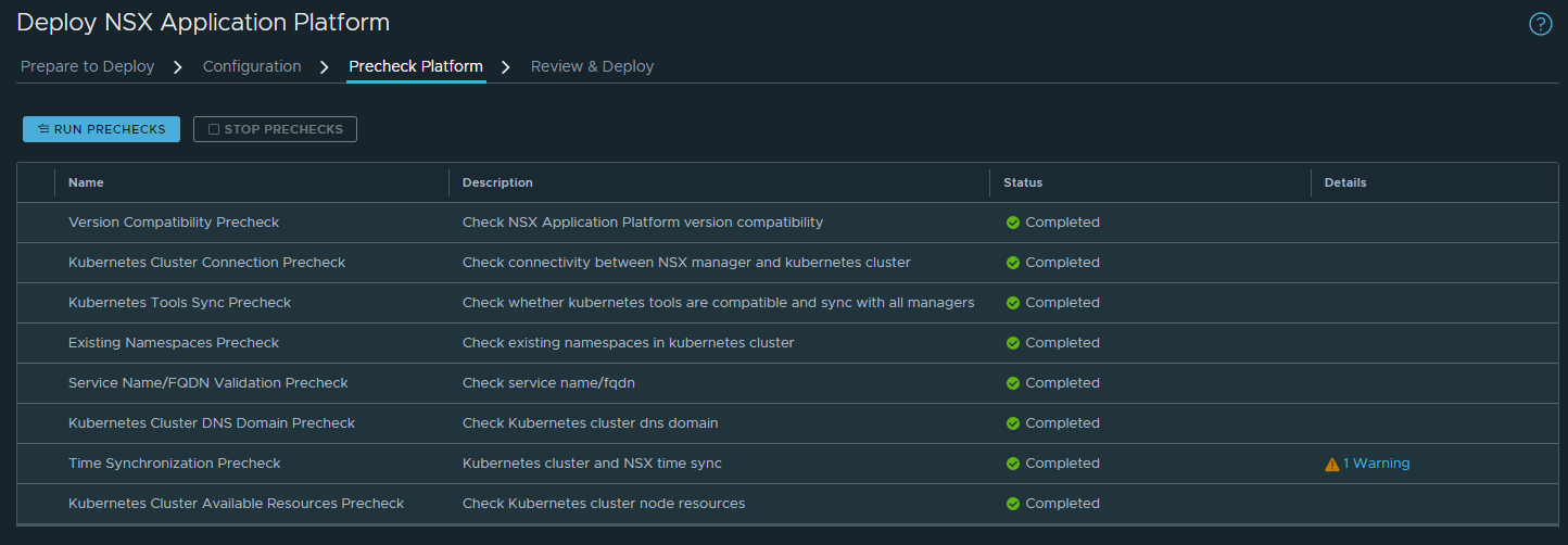 NSX Application Platform installation wizard showing the DNS Domain Precheck step now passing