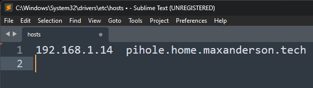 Hosts file editor showing a temporary entry mapping pihole.home.maxanderson.tech to the ingress IP address