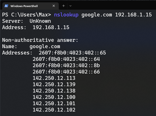 Terminal output of nslookup query showing successful DNS resolution through the Pi-hole service